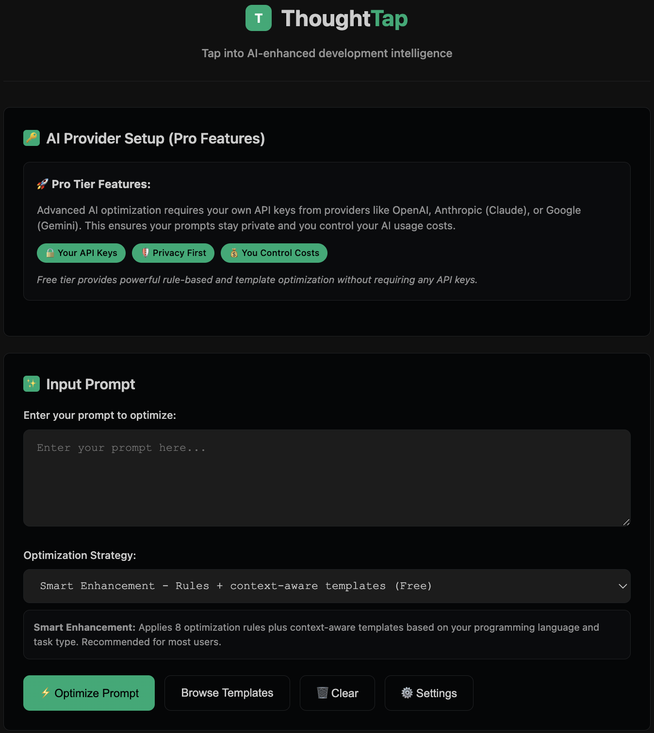 VS Code Extension Interface showcasing ThoughtTap prompt optimization features